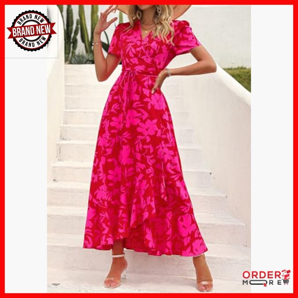 Boho Floral Maxi Dress Wrap V Neck Short Sleeve Summer Beach Wedding Guest - Picture 3 of 7